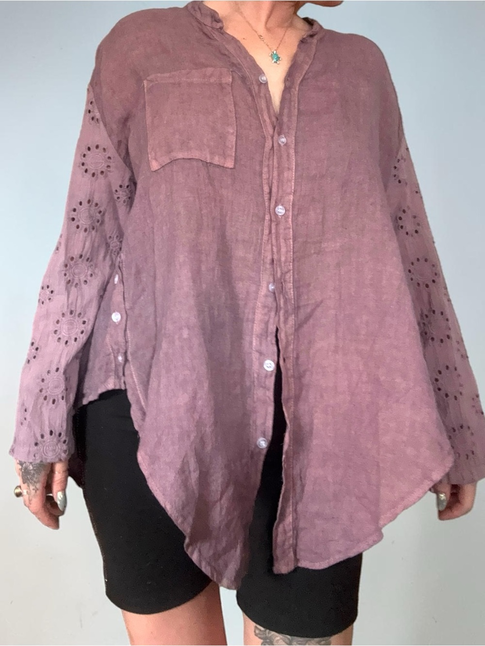 Women’s 100% Linen Button-Front Top in Mauve Eyelet Details Made in Italy Sz M